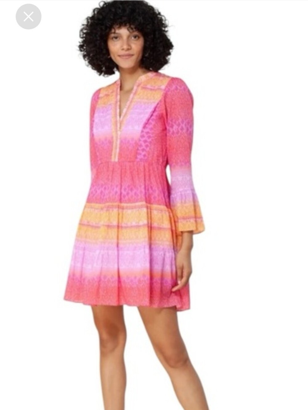 Hale Bob Pink Orange Yellow Printed Bell-Sleeve Mini Dress